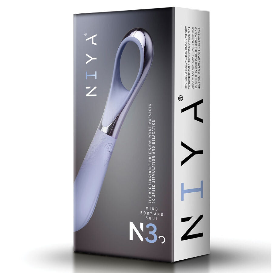 Boite du stimulateur point G NIYA N3 trois quarts a decor floral, montrant le vibromasseur a poignee anneau en silicone et le logo, gamme massage interne rechargeable