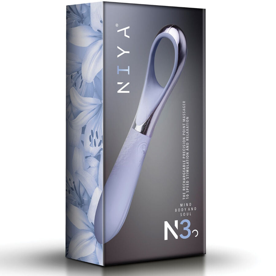 Emballage NIYA N3 face avant a decor floral bleu, presentant le stimulateur point G a anneau en silicone mauve et le logo NIYA, masseur interne rechargeable a dix modes