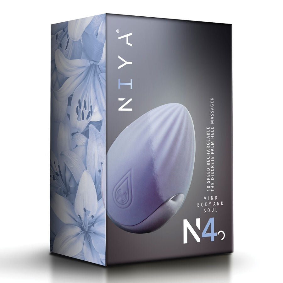 Emballage NIYA N4 trois quarts a decor floral bleu, montrant le stimulateur clitoridien en forme d'oeuf silicone et le logo, gamme massage de paume rechargeable discret