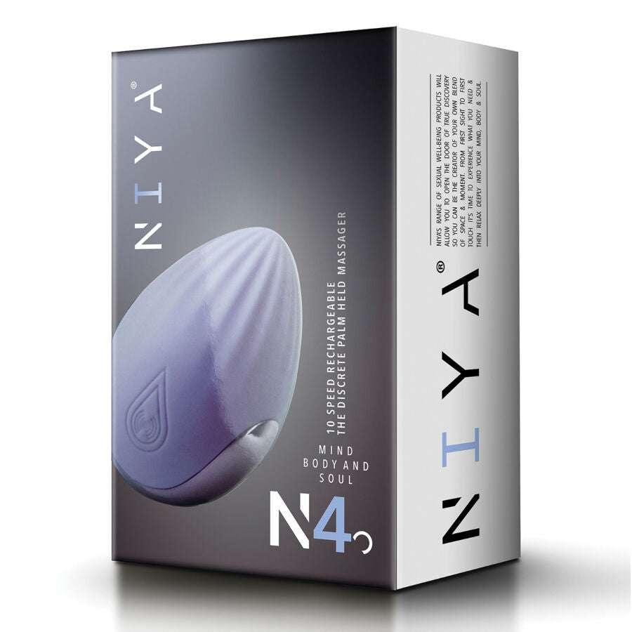 Boite du stimulateur oeuf NIYA N4 face avant, packaging gris degrade presentant le galet silicone mauve et le logo NIYA, masseur de paume rechargeable a 10 vitesses