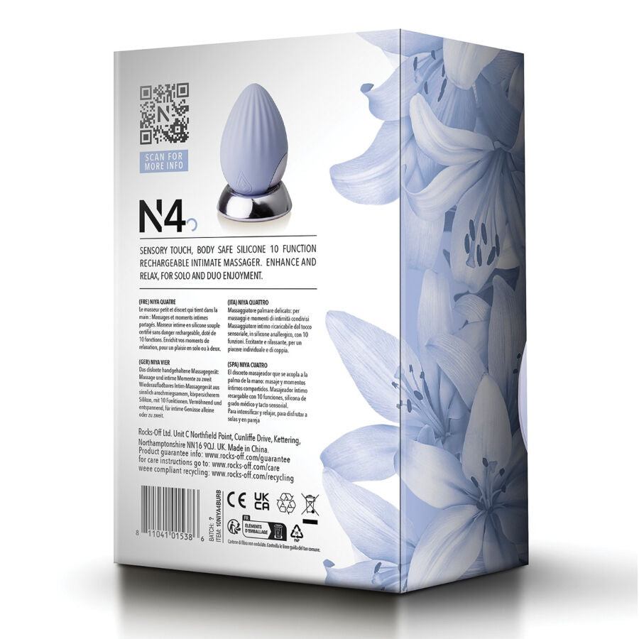 Dos de la boite NIYA N4 sur fond floral clair, montrant l'oeuf stimulateur avec descriptifs, pictogrammes et code-barres du masseur clitoridien silicone rechargeable
