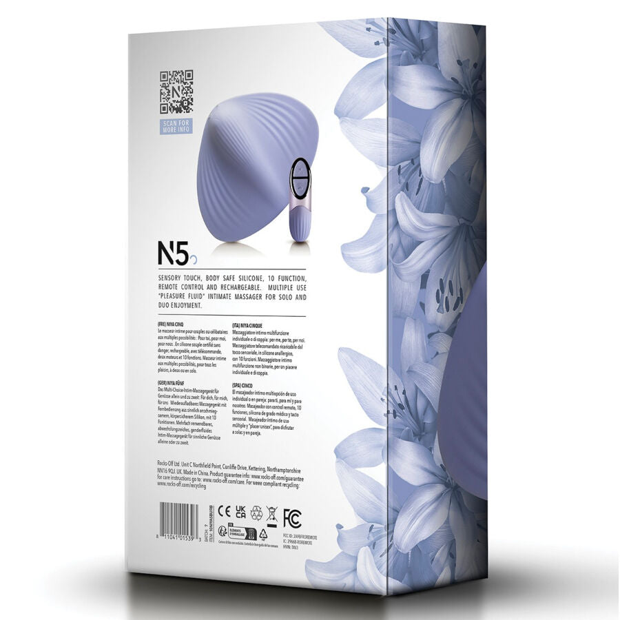 Dos de la boite NIYA N5 sur fond floral clair, montrant le masseur coquille et sa telecommande avec descriptifs, pictogrammes et code-barres du stimulateur rechargeable