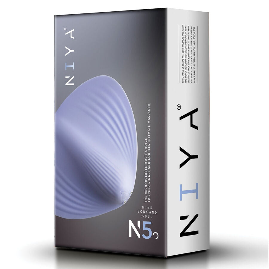 Boite du masseur clitoridien NIYA N5 face avant, packaging gris degrade montrant le galet silicone nervure et le logo NIYA, stimulateur externe rechargeable a 10 modes