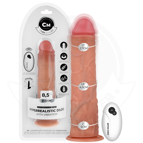 Boite du gode realiste vibrant Cock Miller en silicone, visuel sous blister avec telecommande, gland et veines visibles, modele 8,5 pouces soit 21,5 cm a ventouse