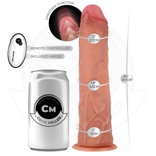 Gode realiste Cock Miller silicone chair, vue laterale avec cotes de longueur et canette repere, gland et reseau veineux detailles, base ventouse stable mains libres