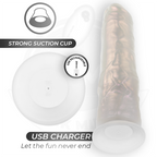 Gode realiste Cock Miller translucide couche revelant sa forte ventouse et son port de charge USB, silicone lumineux veine, fixation mains libres rechargeable