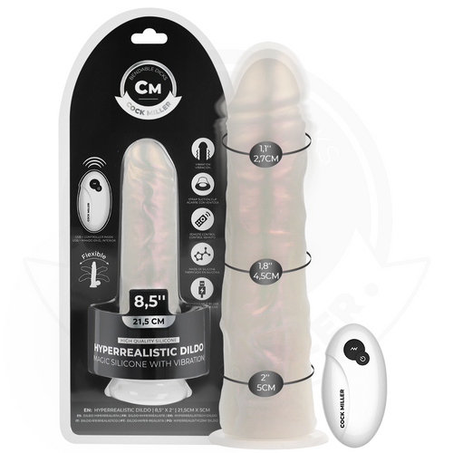 Blister du gode realiste vibrant Cock Miller 8,5 pouces soit 21,5 cm en silicone translucide phosphorescent, gland et veines visibles, telecommande incluse
