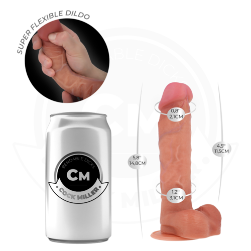 Gode realiste Cock Miller 5,8 pouces soit 14,8 cm silicone chair avec gland, veines et testicules, vue de face avec canette echelle, modele super flexible a ventouse