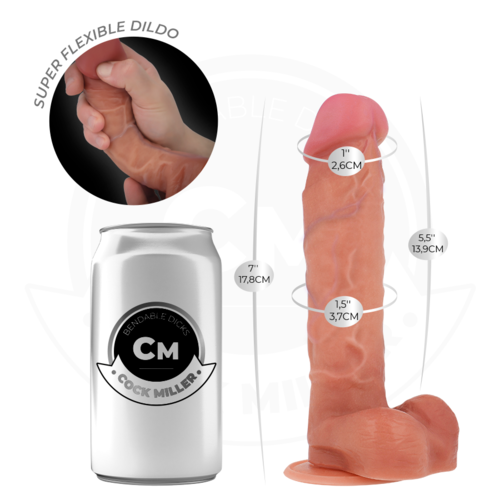 Gode realiste Cock Miller silicone avec gland, veines et testicules, vue de face avec canette repere et cotes, super flexible a fixer par sa ventouse stable