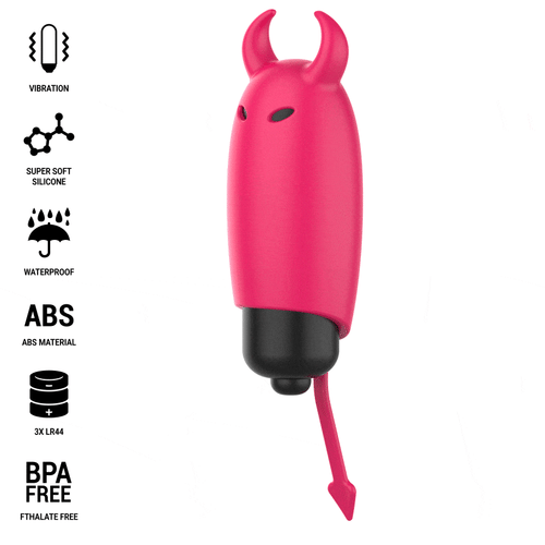 Mini vibromasseur diablotin rouge Intense aux cornes pointues et queue souple, accompagné des pictogrammes vibration, silicone doux, waterproof, ABS et sans BPA