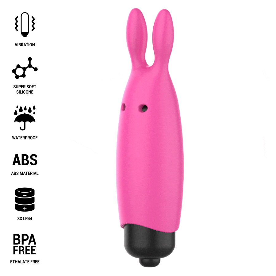 Mini vibromasseur bullet lapin rose Intense vu de face, oreilles pointues en silicone doux et base noire, stimulateur clitoridien compact et silencieux