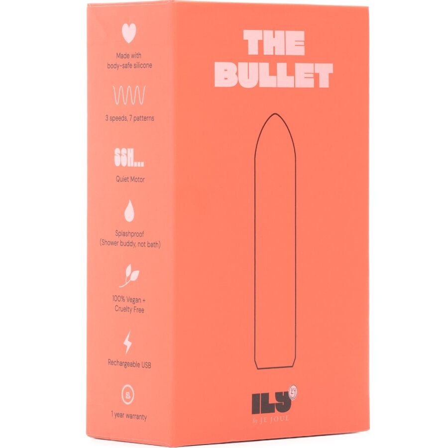 Boîte orange The Bullet illustrée d'un schéma du bullet et d'une colonne de pictogrammes, mentions 3 speeds 7 patterns et vegan imprimées sur le packaging coloré sur fond blanc.