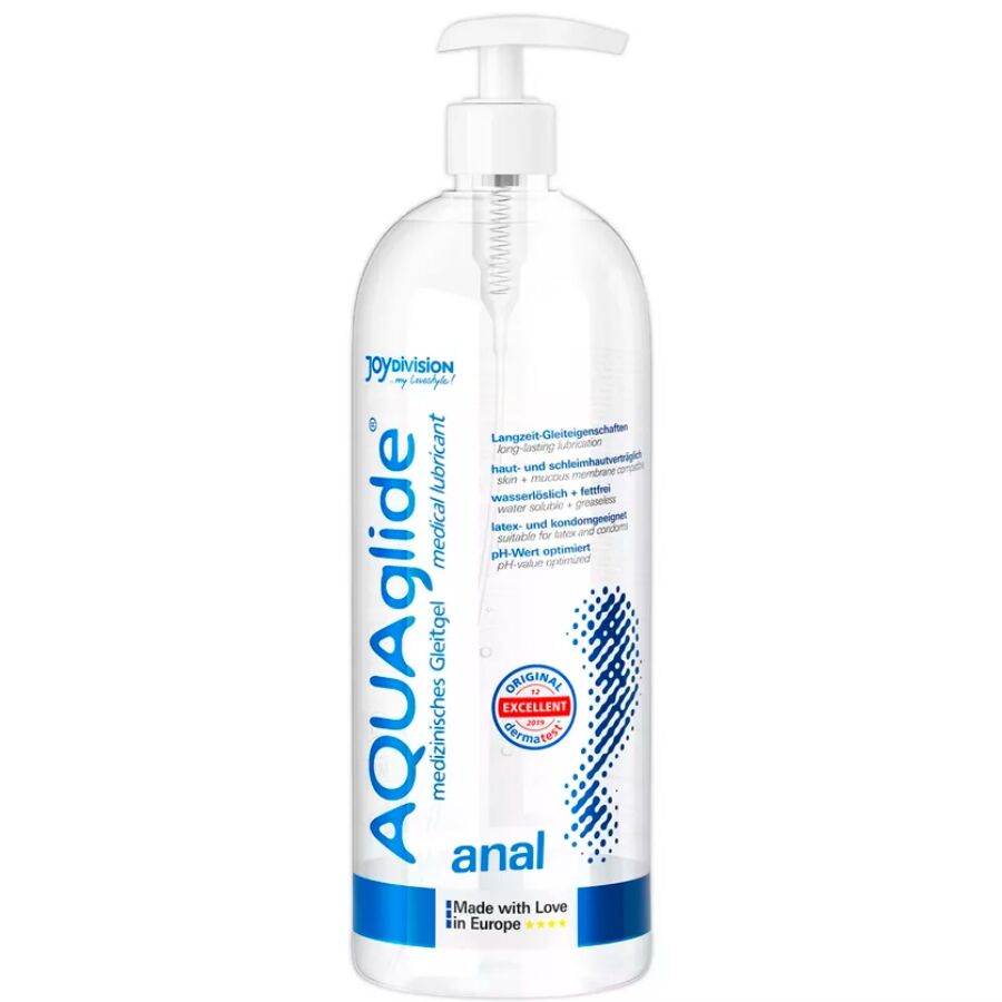 Grand flacon pompe AQUAglide anal lubrifiant base eau 1000 ml Joydivision, format familial transparent design bleu, formule soluble sans graisse compatible preservatifs latex