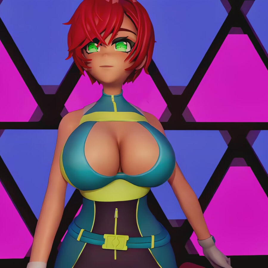 Illustration manga du personnage rousse en buste sur fond geometrique colore, esthetique visuelle du masturbateur manga Fleshlight Fantasy a gaine interne texturee.