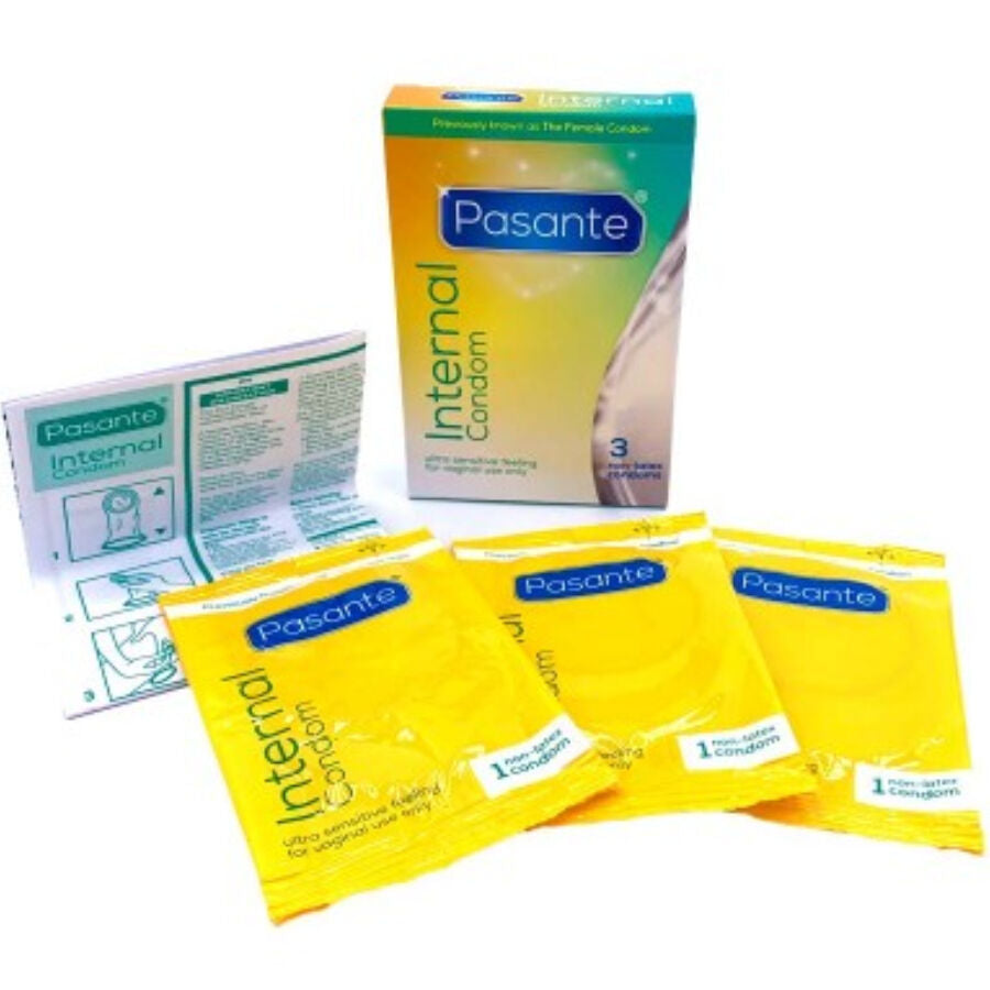 Boite Pasante Internal Condom accompagnee de ses sachets foils jaunes de preservatifs internes feminins sans latex, presentation du conditionnement sur fond blanc.