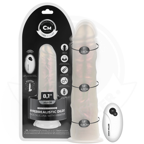 Emballage du gode realiste Cock Miller 8,1 pouces soit 20,6 cm en silicone translucide lumineux, gland et reseau veineux, telecommande pour les vibrations
