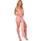 Babydoll tulle rose décolleté plongeant et string — vue de profil 2