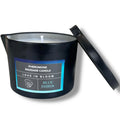 Bougie de massage fraîche Blue Ember, pot noir Pheromone Massage Candle Love In Bloom au liisere bleu, cire karite fondante notes orange menthe bergamote cedre lavande.