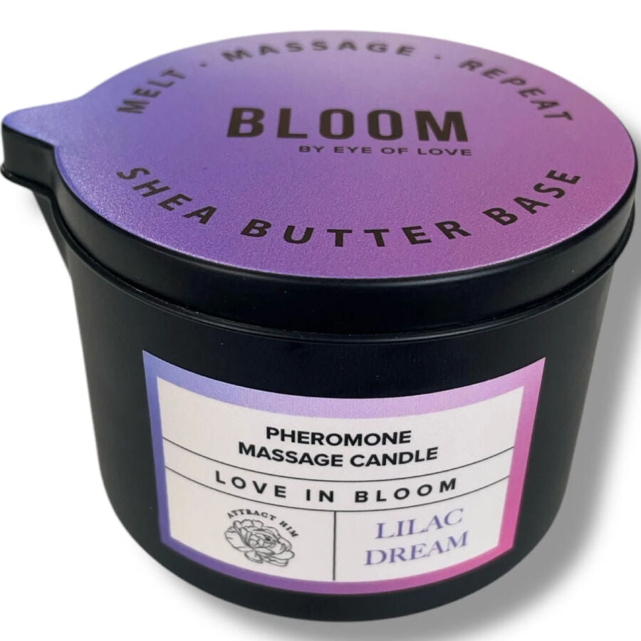 Bougie de massage Lilac Dream vue de dessus, pot noir Pheromone Massage Candle au couvercle violet Shea Butter Base, cire gourmande qui fond en huile de massage tiede.