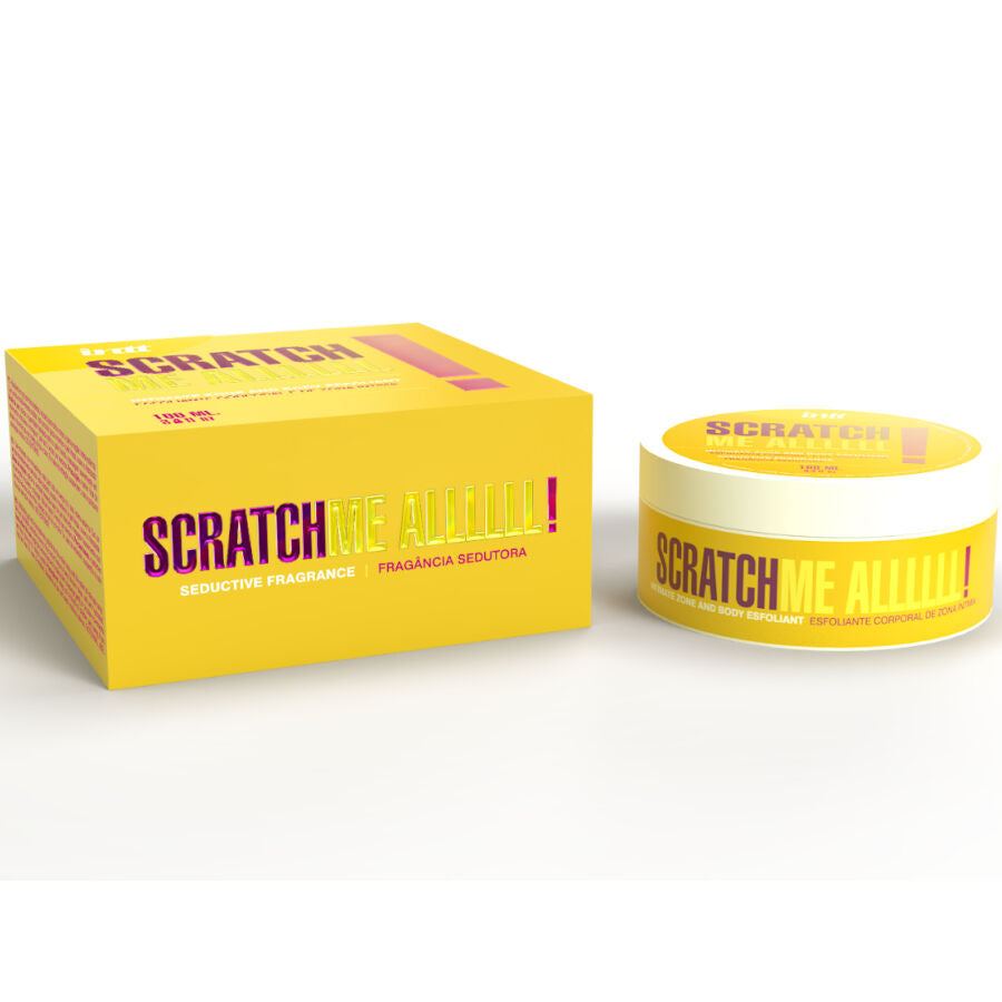 Boite jaune Intt Scratch Me a cote de son pot couvercle entrouvert, gel exfoliant corps et zone intime parfum sensuel, vue montrant le contenant rond