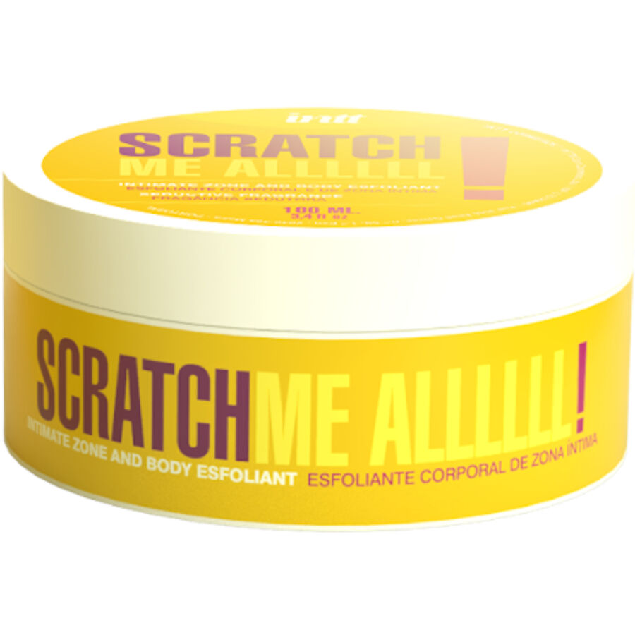 Pot jaune Intt Scratch Me Alllll vu de face, gel exfoliant corps et zone intime aux microspheres parfum sensuel, couvercle large rond design vif