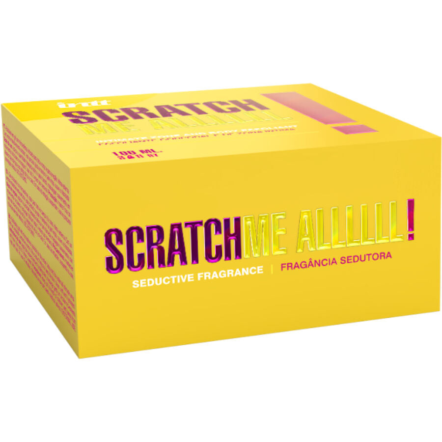Boite cubique jaune Intt Scratch Me Alllll presentee de trois-quarts, exfoliant corporel et intime fragrance seductrice, packaging coloré sans anatomie