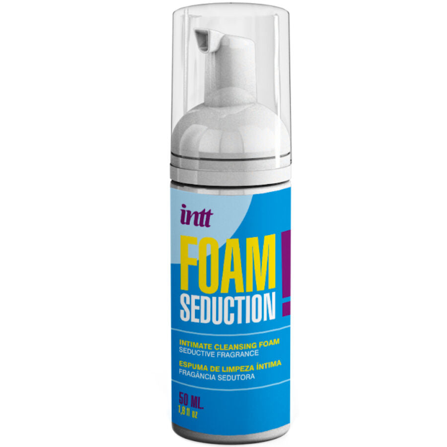 Flacon pompe moussant bleu Intt Foam Seduction vu de face, mousse nettoyante intime parfumee 50 ml respectant le pH de la peau, design vif bleu et jaune
