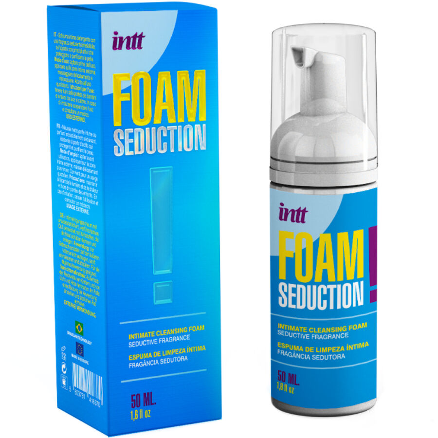 Boite bleue Intt Foam Seduction avec son flacon pompe moussant, mousse nettoyante intime parfumee 50 ml pour la zone intime externe, douceur quotidienne