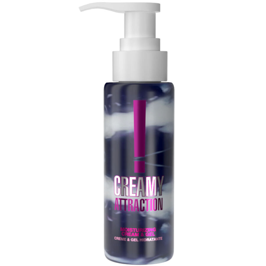 Flacon pompe Intt Creamy Attraction de face, creme-gel hydratante comestible saveur mure 100 ml texture soyeuse, design violet et noir sensuel