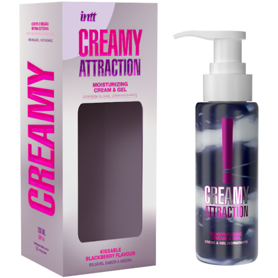 Boite Intt Creamy Attraction a cote de son flacon pompe sombre, creme-gel hydratante comestible saveur mure 100 ml, vue laterale du conditionnement