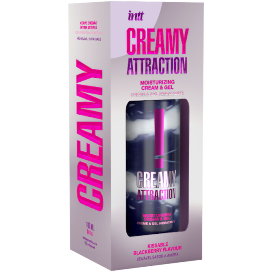 Boite Intt Creamy Attraction a fenetre transparente laissant voir le flacon, creme-gel hydratante comestible saveur mure, packaging violet seduisant