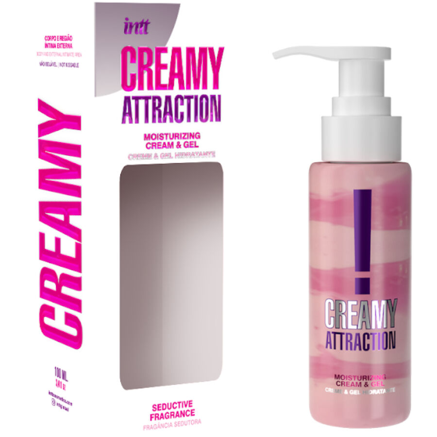 Boite Intt Creamy Attraction avec son flacon pompe rose marbre, creme-gel de massage hybride parfum sensuel 100 ml, vue laterale du conditionnement
