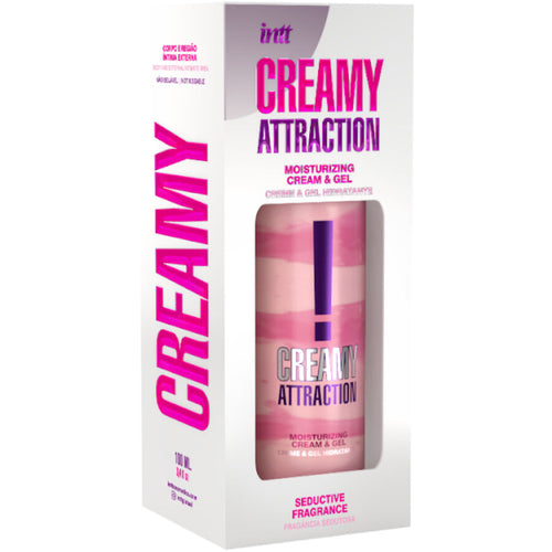 Boite Intt Creamy Attraction fragrance seductrice presentee de face, creme-gel de massage parfum sensuel a absorption rapide, packaging rose et violet
