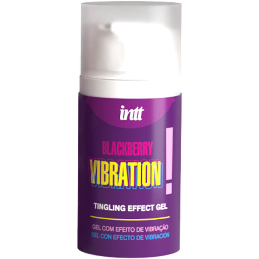 Flacon airless blanc Intt Blackberry Vibration de face, gel stimulant intime effet picotement saveur mure base eau, design violet et jaune vif