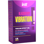 Boite violette Intt Blackberry Vibration de face, gel intime effet vibrant saveur mure 15 ml, packaging graphique sature sans element anatomique