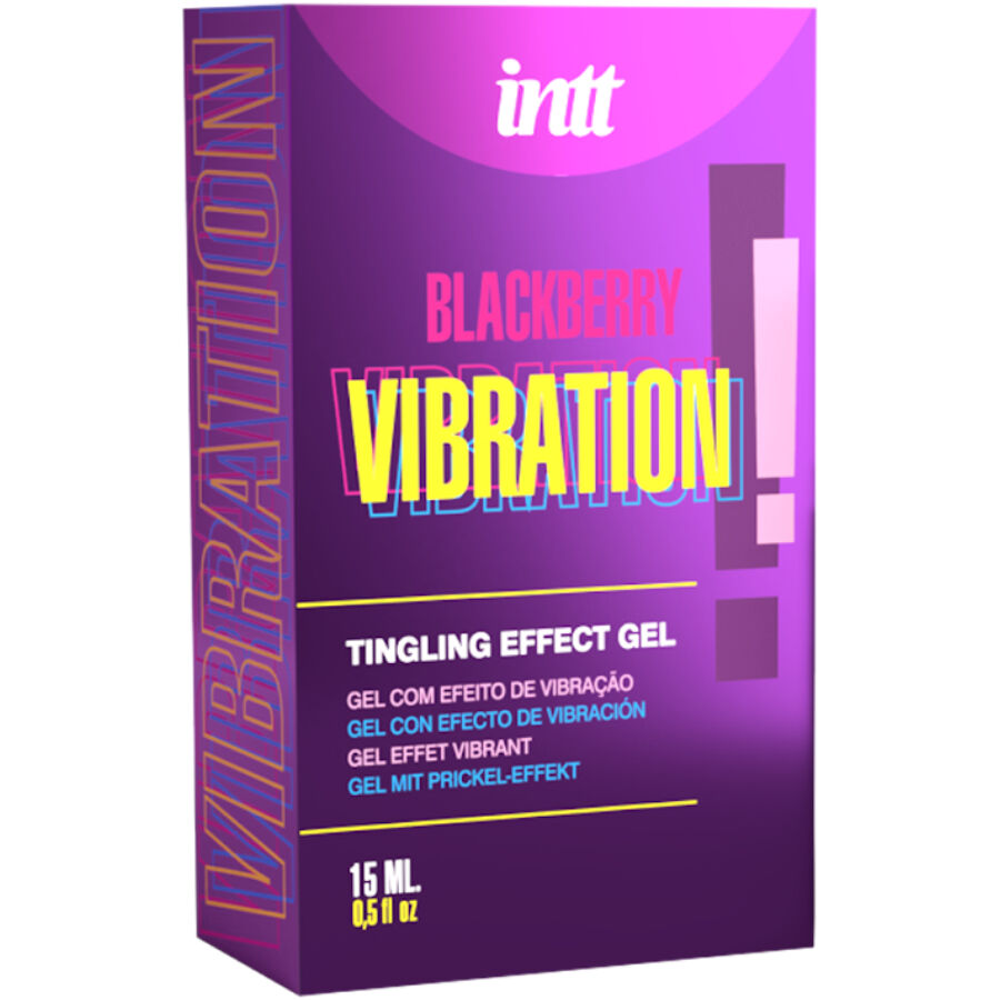 Boite violette Intt Blackberry Vibration de face, gel intime effet vibrant saveur mure 15 ml, packaging graphique sature sans element anatomique