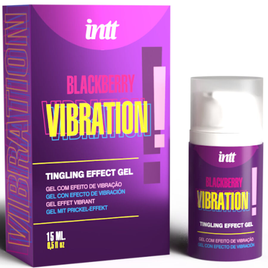 Boite violette Intt Blackberry Vibration avec son flacon airless, gel stimulant intime effet picotement saveur mure 15 ml, vue de trois-quarts