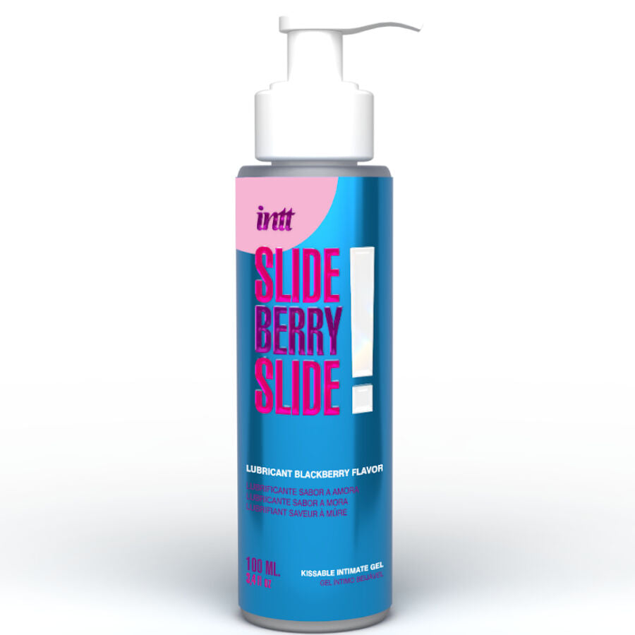 Flacon pompe Intt Slide Berry Slide de face, lubrifiant gourmand base eau saveur mure texture legere non collante, design degrade bleu et rose