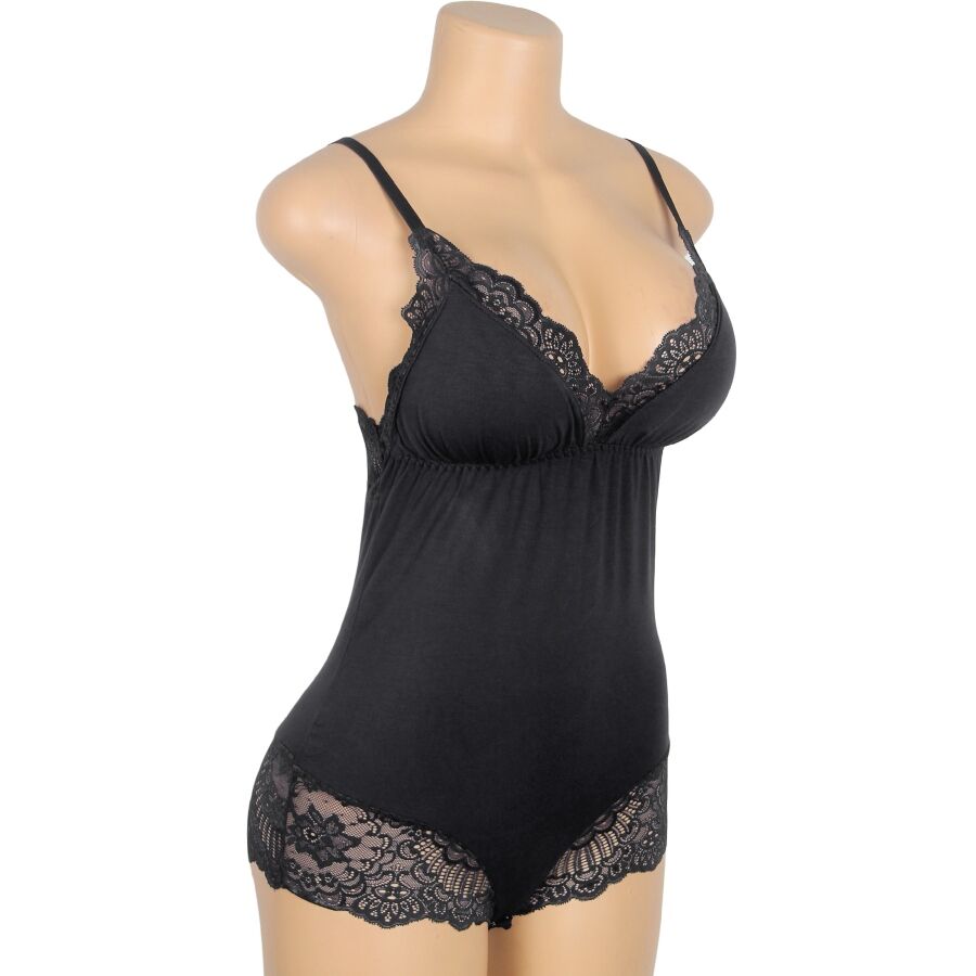Teddy noir Subblime sur buste mannequin vu de trois quarts, bonnets dentelle et culotte dentelle, profil mettant en valeur l'ajustement pres du corps.