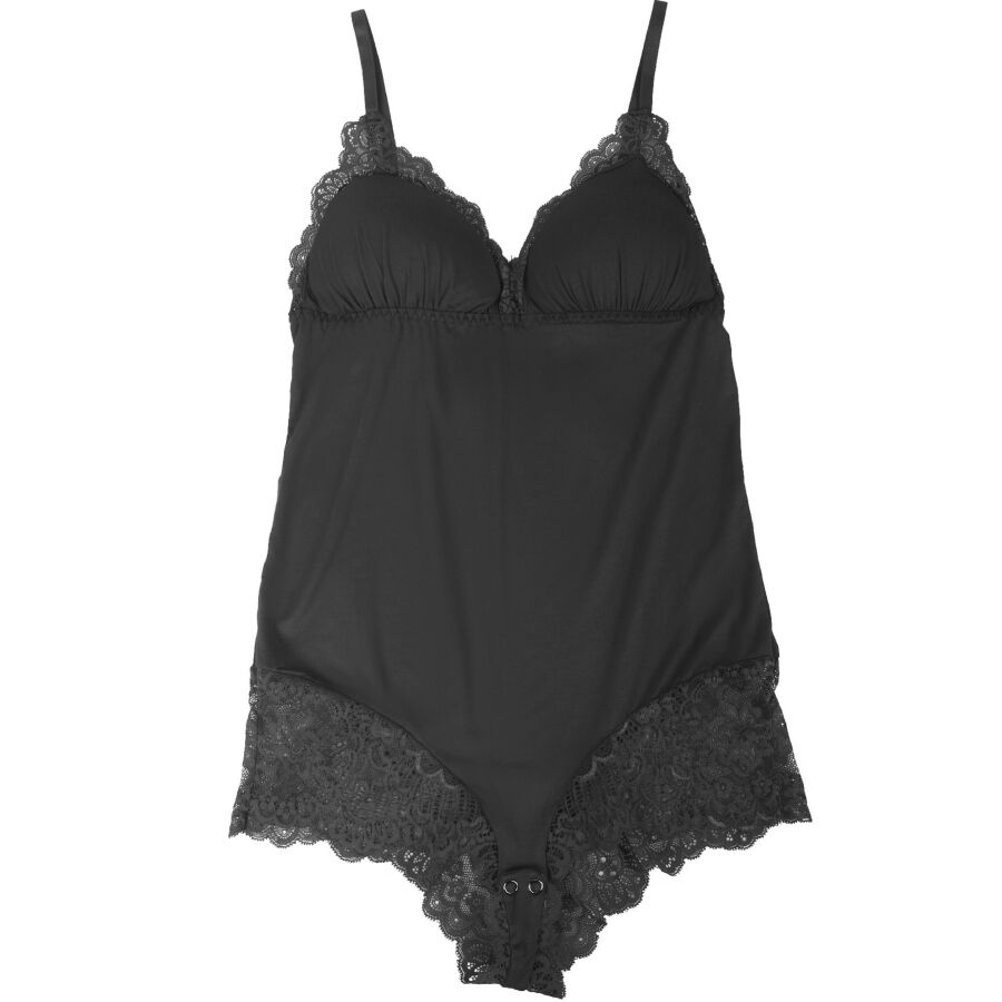 Teddy noir Subblime presente a plat sur fond blanc, bonnets dentelle florale, taille jersey doux et entrejambe borde de dentelle festonnee, vue produit.
