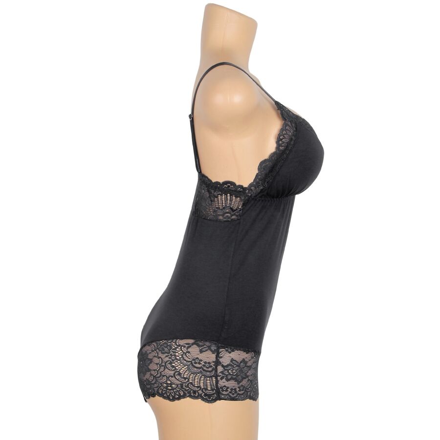 Profil du teddy noir Subblime sur buste mannequin, bretelle fine et bordure dentelle sous la poitrine, vue laterale de la coupe boyshort galbante.