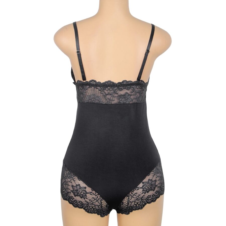 Dos du teddy noir Subblime sur mannequin, fines bretelles croisees et culotte boyshort en dentelle florale ajouree, bande dentelle sous le buste.