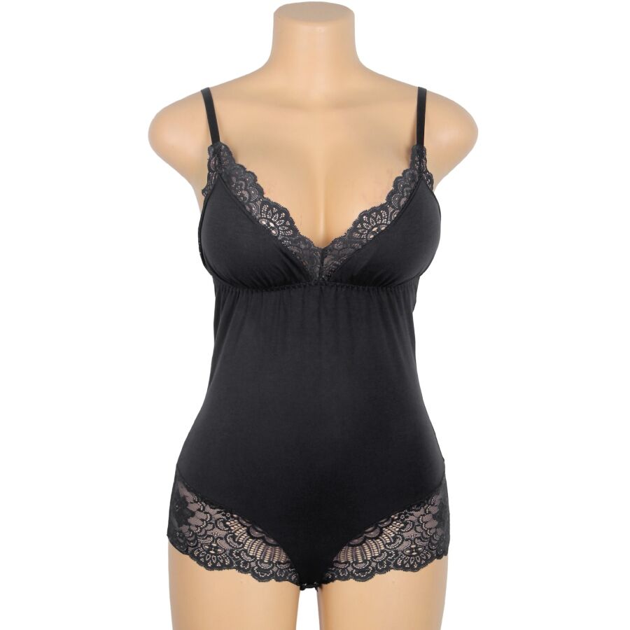 Teddy noir Subblime presente sur buste mannequin, bonnets en dentelle florale et culotte dentelle, vue de face mettant en valeur la coupe galbante.