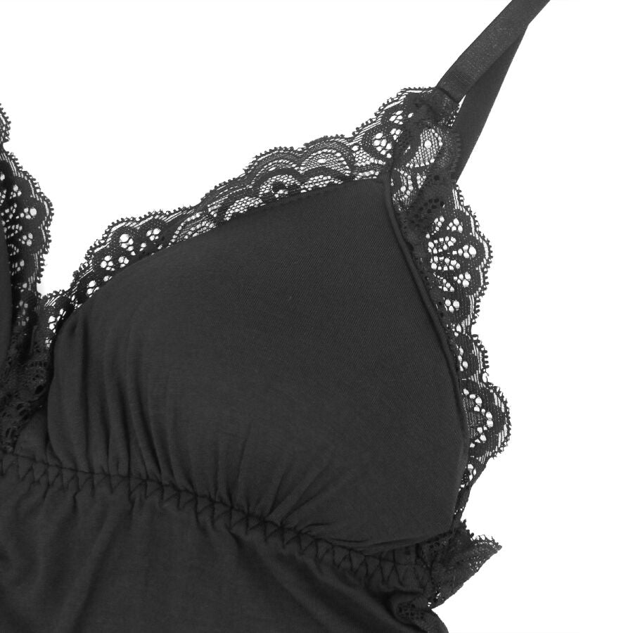 Gros plan sur le bonnet du teddy noir Subblime, dentelle florale festonnee et bordure plissee du jersey, detail de la finition couture haut de gamme.