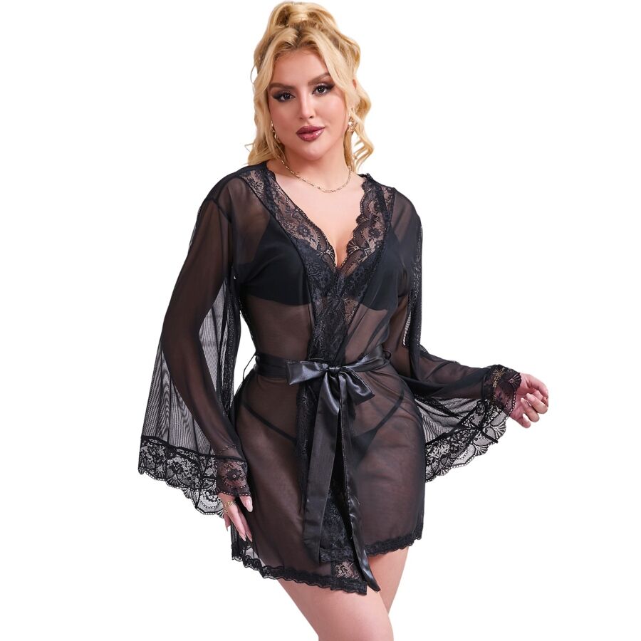 Robe nuisette transparente à détail dentelle noire — vue principale