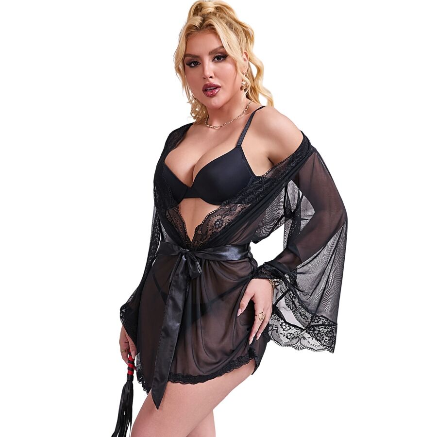 Deshabille noir Subblime en mesh transparent porte de trois-quarts, soutien-gorge visible dessous, manches evasees dentelle et ceinture satin nouee.