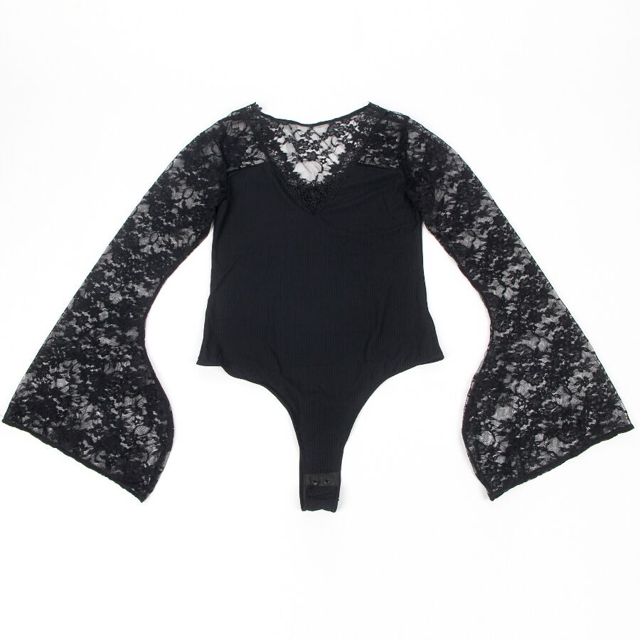 Teddy noir Subblime presente a plat, manches longues evasees en dentelle florale et decollete en V, vue d'ensemble de la coupe et de la matiere.