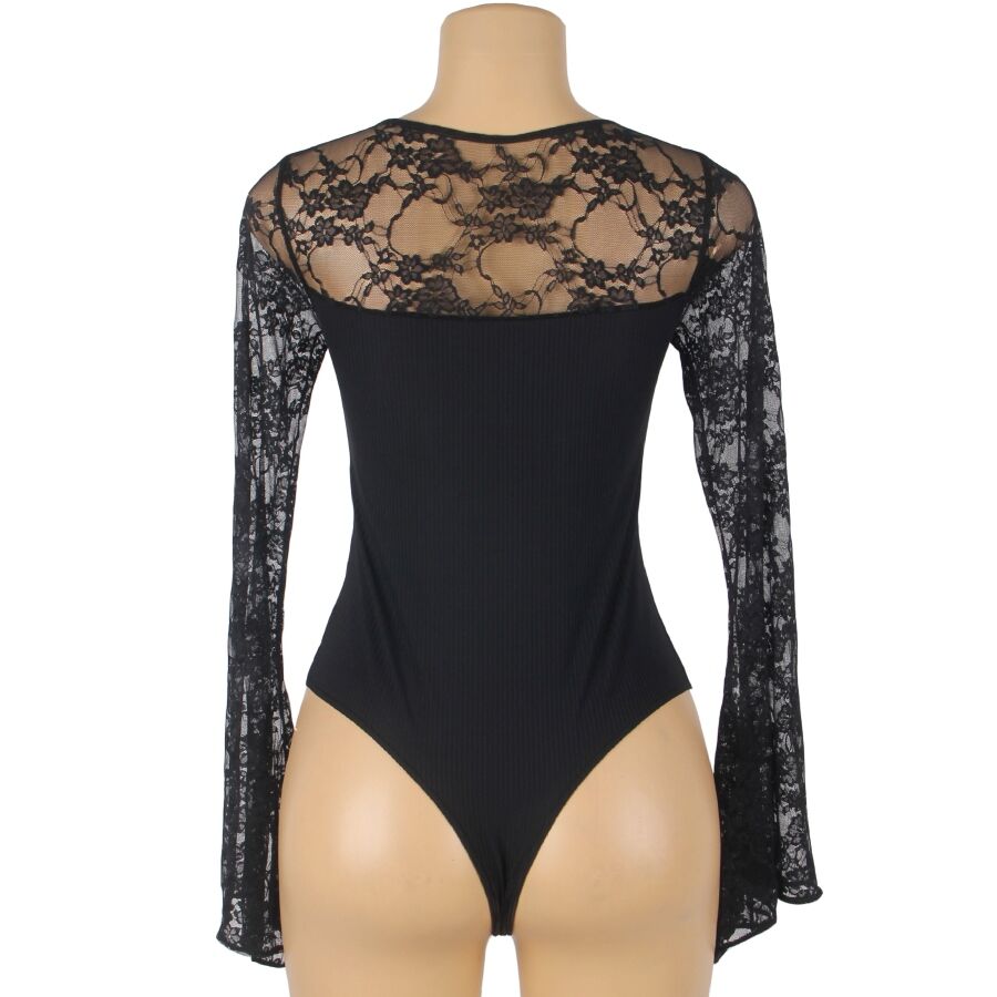 Teddy noir Subblime sur buste mannequin de face, empiecement dentelle florale a l'encolure et manches evasees, coupe echancree, vue produit detaillee.