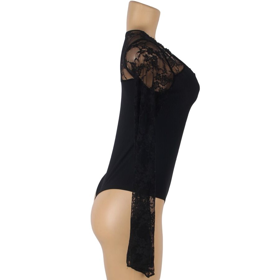 Teddy noir Subblime de profil sur buste mannequin, manche longue dentelle evasee deployee, coupe echancree, vue produit mettant en valeur la matiere.