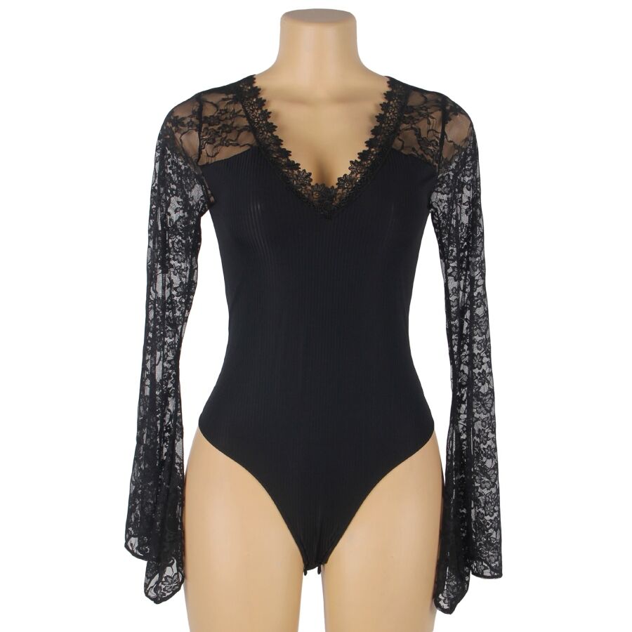 Teddy noir Subblime sur buste mannequin de face, decollete en V dentelle et manches longues evasees, coupe echancree, vue produit detaillee.